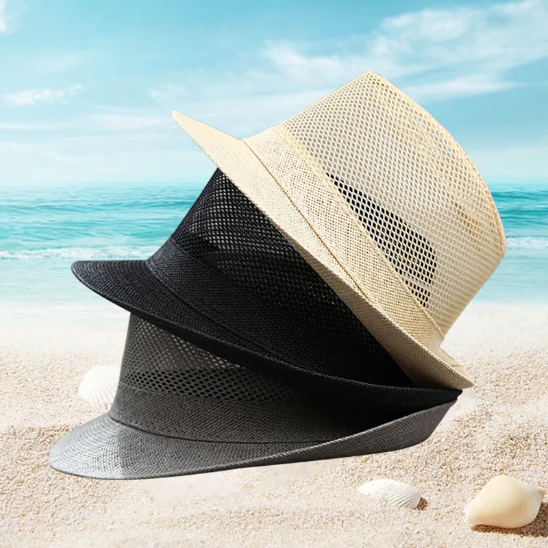 Heren Zomer Fedora Hoed Ademend Polyester Mesh Stro Rand Zonbescherming Casual Strand Zonnescherm Hoed