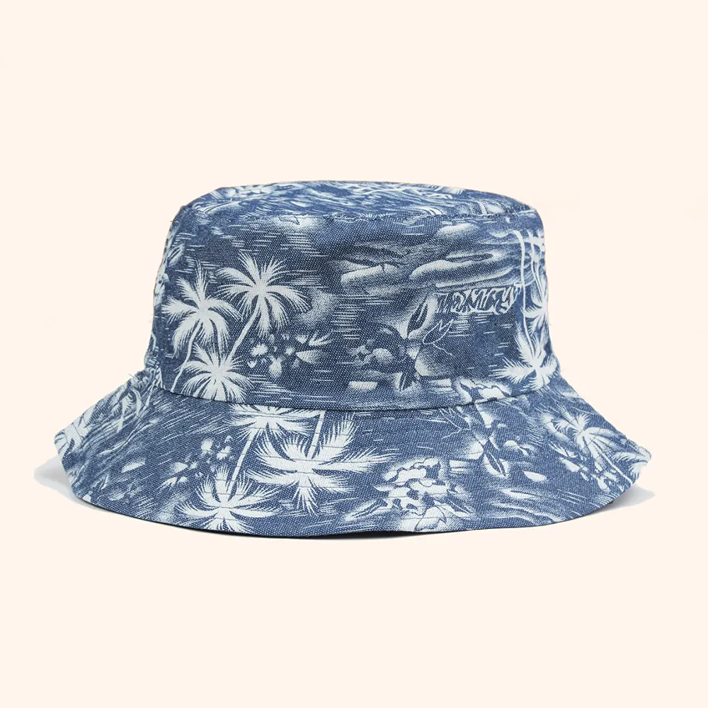Women Reversible Bucket Hat Faux Denim Cotton Tropical Palm Tree Print Foldable Sun Protection Beach Travel Vacation Hat