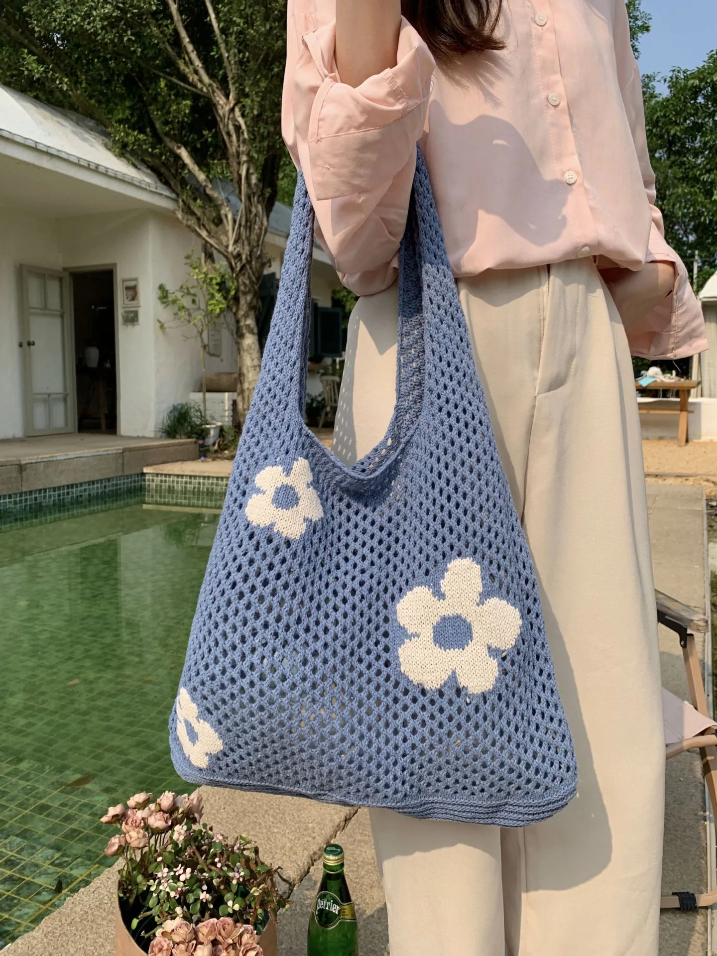 Strickhandtasche Mit Blumenmuster Gehäkelte Tragetasche Sommer Mesh Strand Schultertasche Große Kapazität Gewebte Handtasche Damen