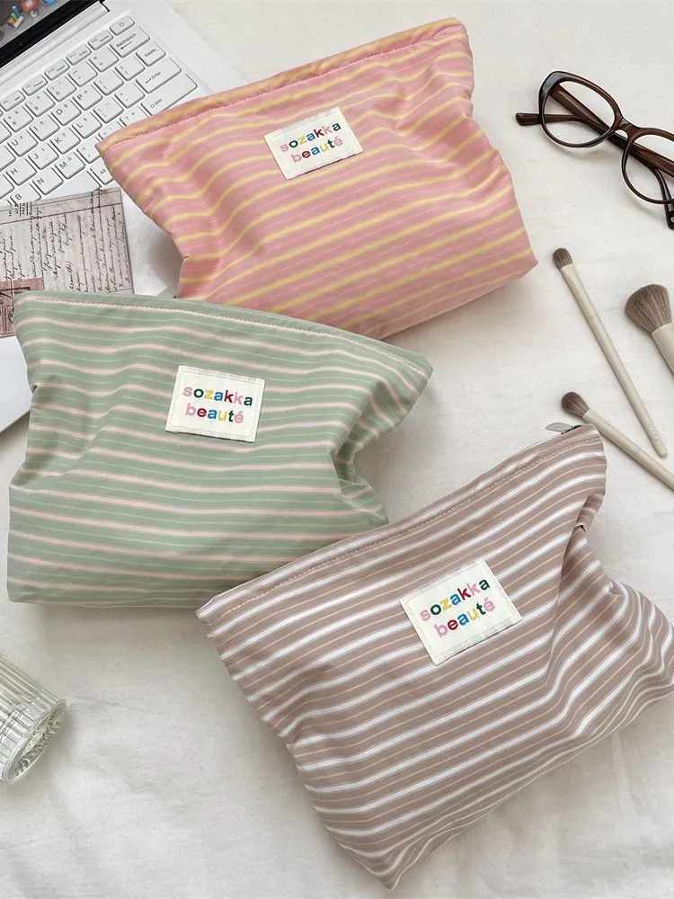 Striped Makeup Bag Large Capacity Polyester Canvas Cosmetic Pouch Zipper Toiletry Organizer Soft Portable Fresh Storage Case For Women