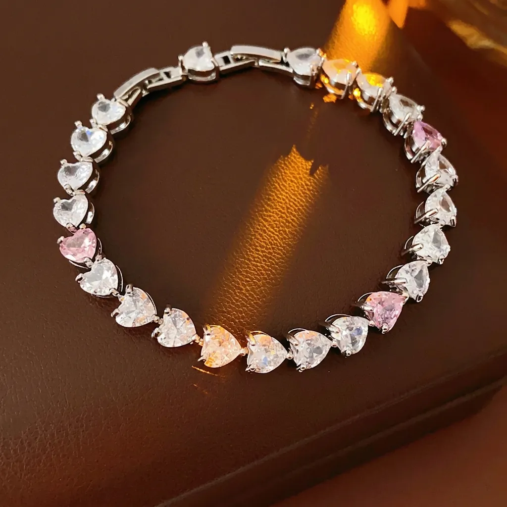 Bracelet De Tennis Élégant Avec Zircons En Cœur Cuivre Argenté Pierres Roses Blanches Bijoux De Luxe Pour Femmes Anniversaire