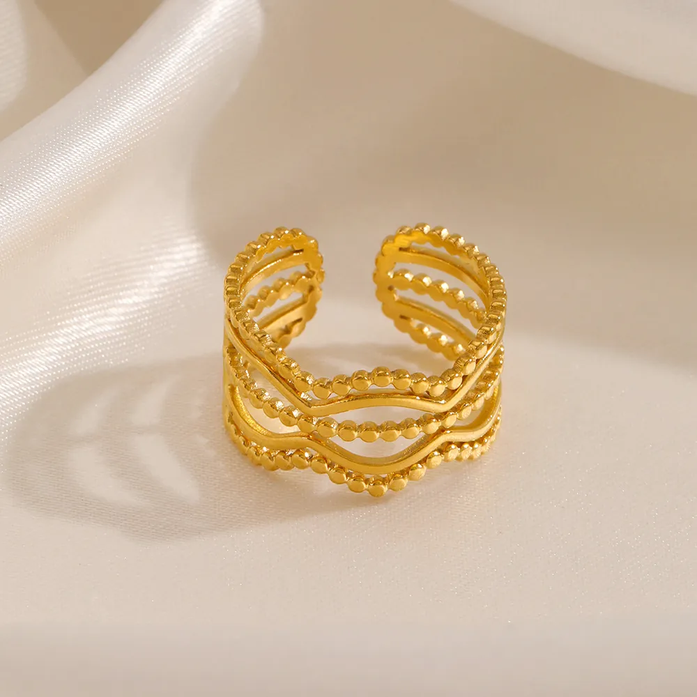 Edelstahl Verstellbarer Offener Ring Mehrlagige Welle Geometrische Linie Perlen Mode Schmuck Für Damen Eleganter Stil