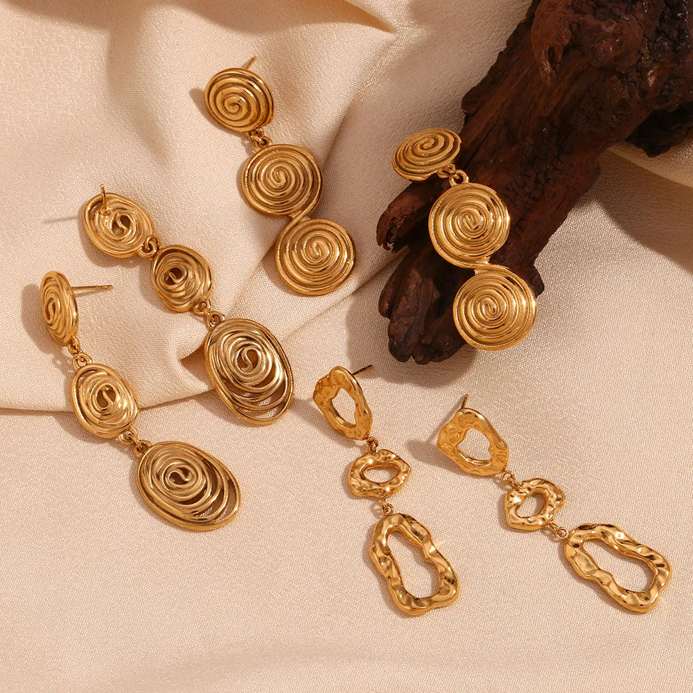 Boucles D'oreilles Pendantes Acier Inoxydable 316L Plaqué Or 18K Géométrique Martelé Spirale Vintage Bohème Femmes