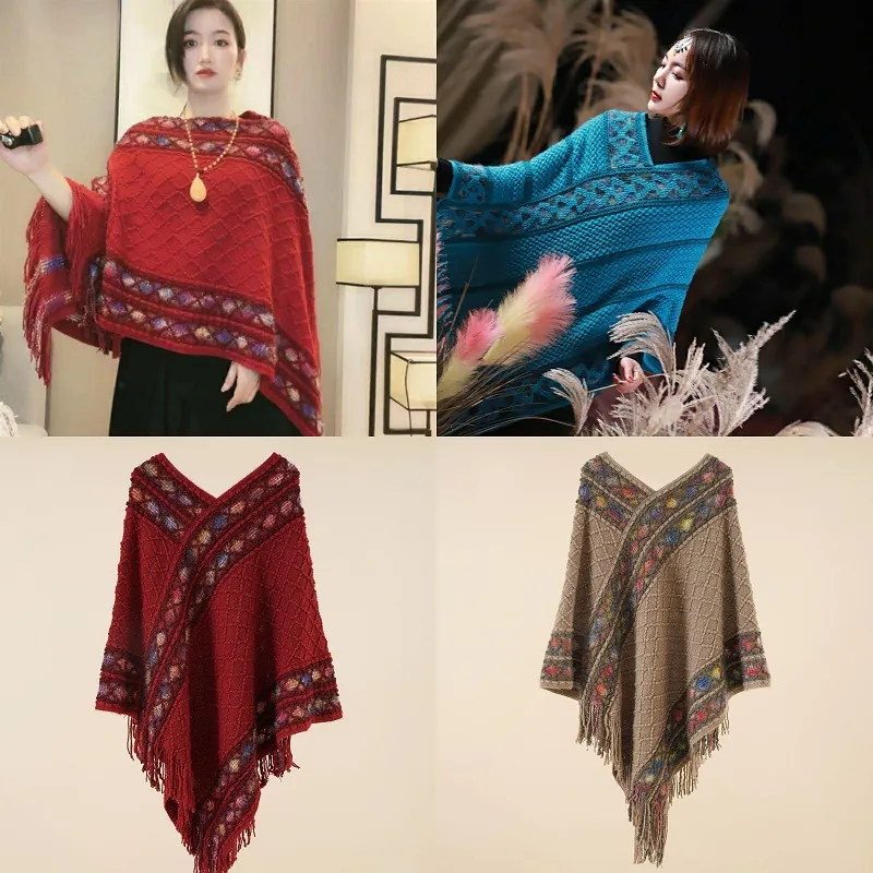 Womens Knitted Poncho Pullover Shawl Argyle Geometric Pattern Tassel Fringe Ethnic Bohemian Warm Cape