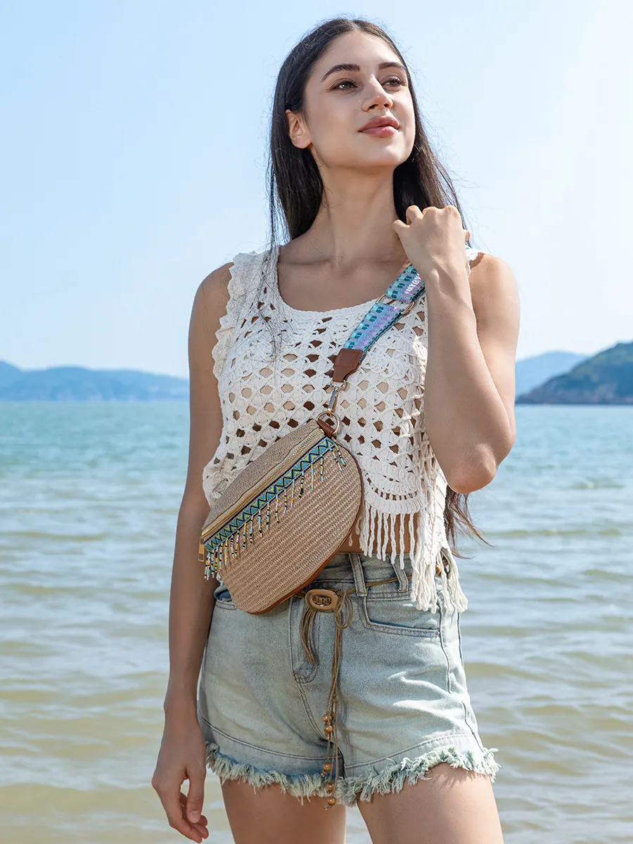Bohemian Straw Woven Waist Bag Women Summer Beach Vacation Ethnic Chest Bag With Colorful Beaded Tassels Wide Strap