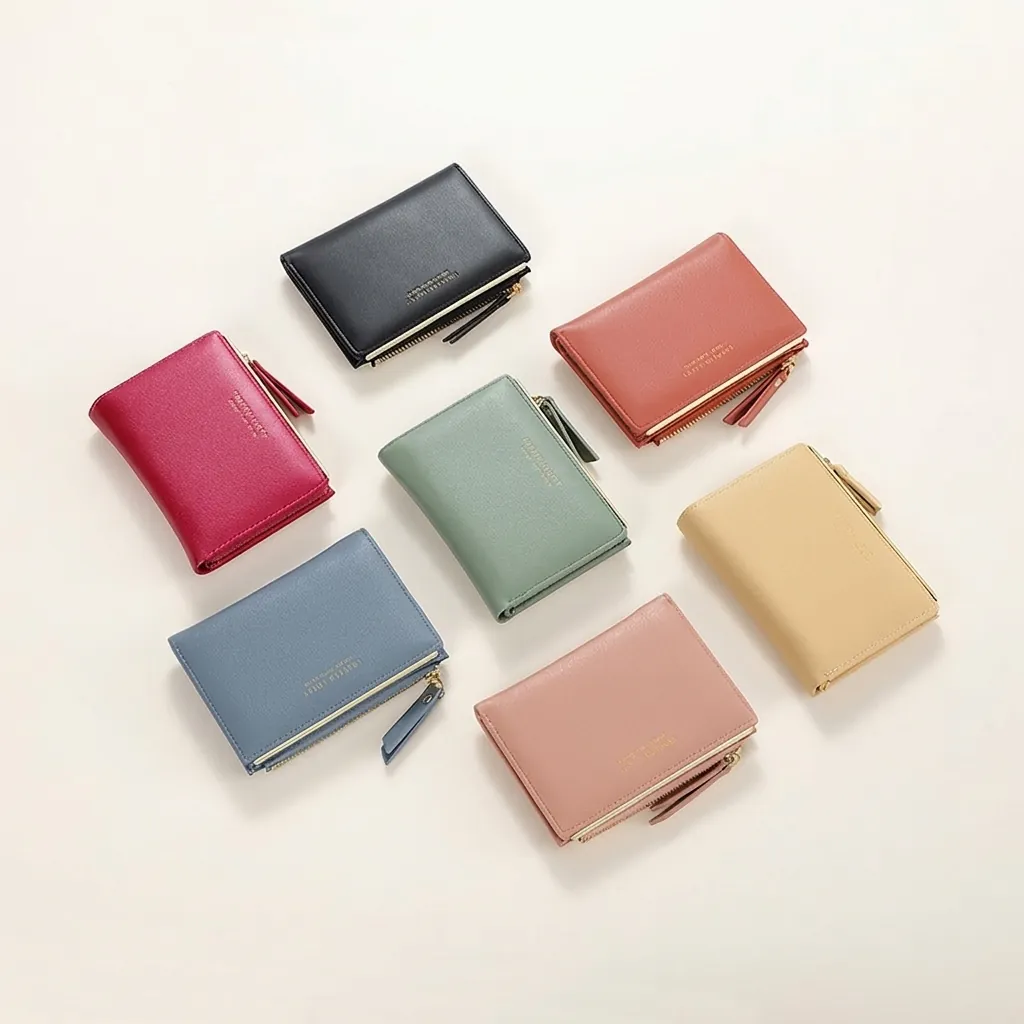Women Short PU Leather Wallet Bifold Multi Card Slots Zipper Coin Pocket Korean Minimalist Litchi Texture Purse