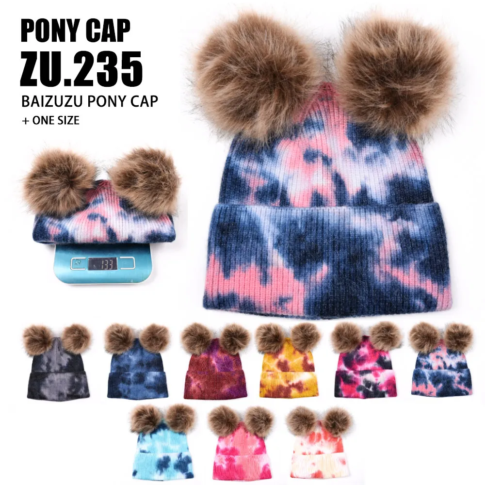 Bonnet En Tricot Acrylique Tie Dye Chaud Revers Pompons Plein Air Hiver Mode Femmes
