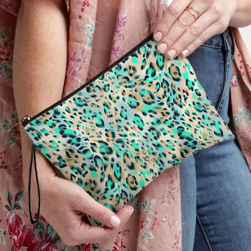 Leopard Print Makeup Bag Linen Cosmetic Pouch With Zipper Wristlet Portable Travel Toiletry Storage Case For Women