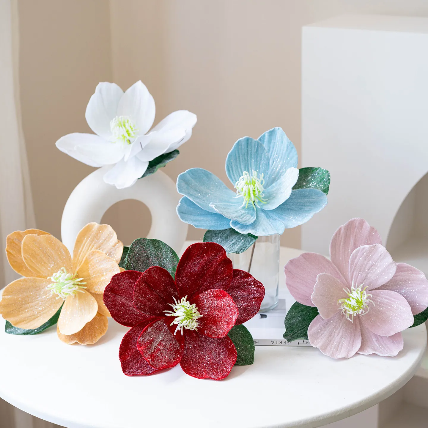 Artificial Magnolia Christmas Flowers Glitter Fabric Flower Heads For Christmas Tree Wreath DIY Festive Holiday Ornaments