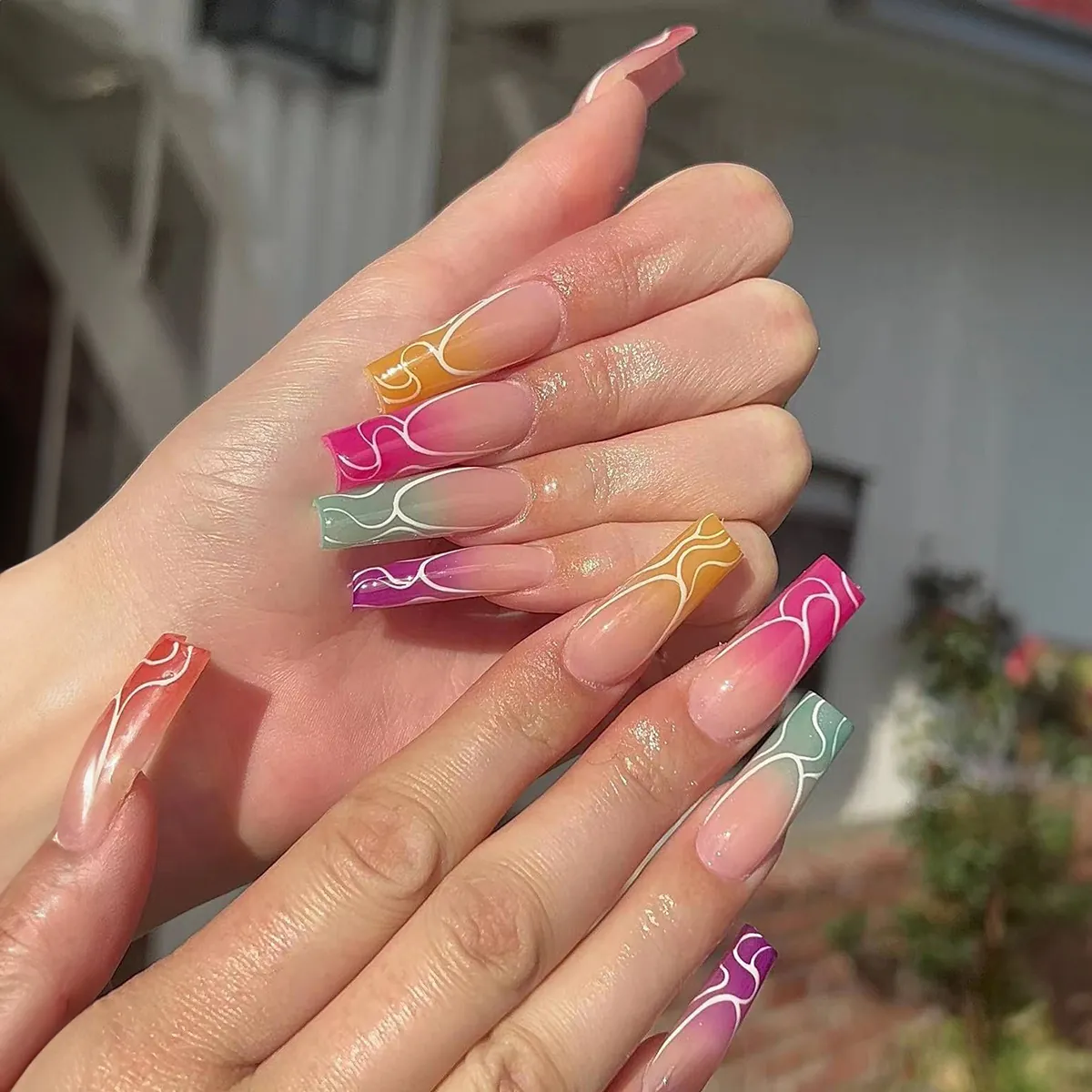 XXXL Extra Long French Gradient Press On Nails Colorful Wave Pattern Square Wearable Fake Nails Set For Women Jewelry