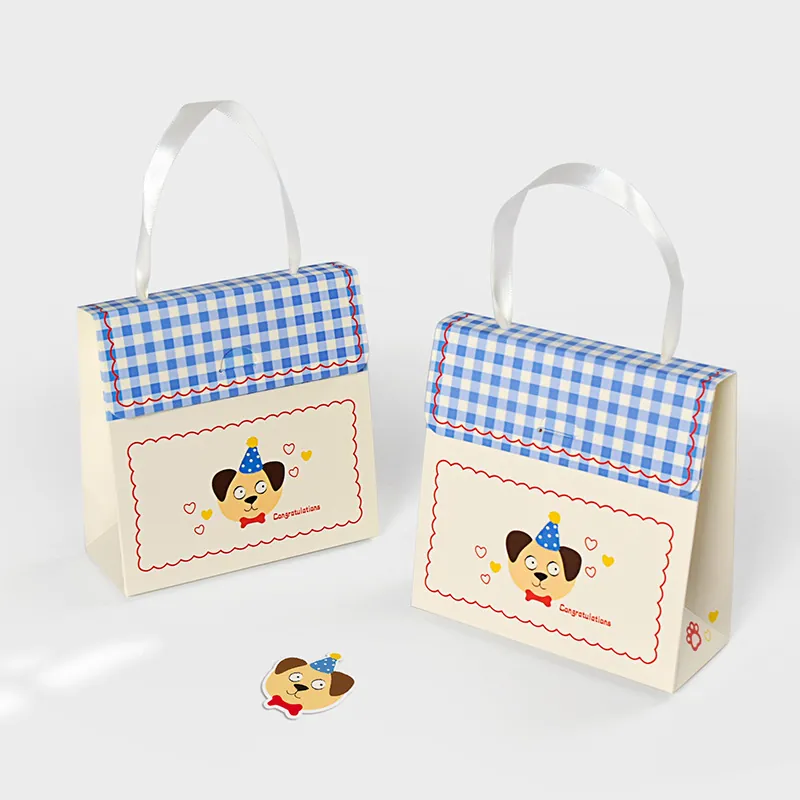 Cute Cartoon Gift Bags Cardboard Paper With Satin Ribbon Handle Gingham Flap For Party Wedding Candy Baking Small Fresh Style