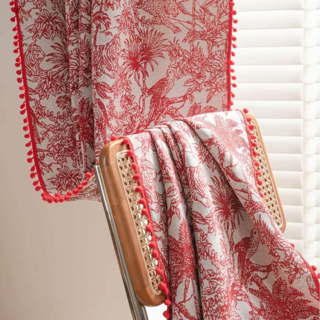 Vintage Toile De Jouy Curtains With Pom Pom Trim Jacquard Polyester Cotton Semi Blackout French Retro Drapes For Living Room