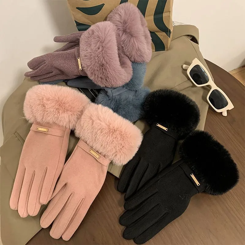Women Winter Gloves Faux Fur Trim Thick Warm Fleece Lined Touch Screen Dralon Knitted Windproof Fashion Accessories