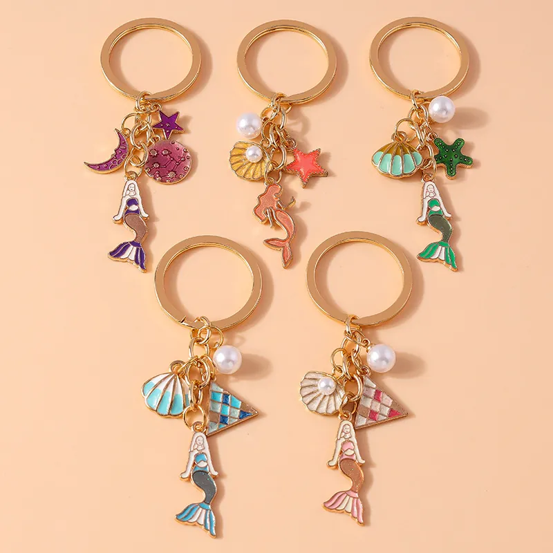 Mermaid Keychain Enamel Shell Starfish Moon Star Gold Zinc Alloy Faux Artificial Pearl Ocean Beach Theme Bag Charm For Women