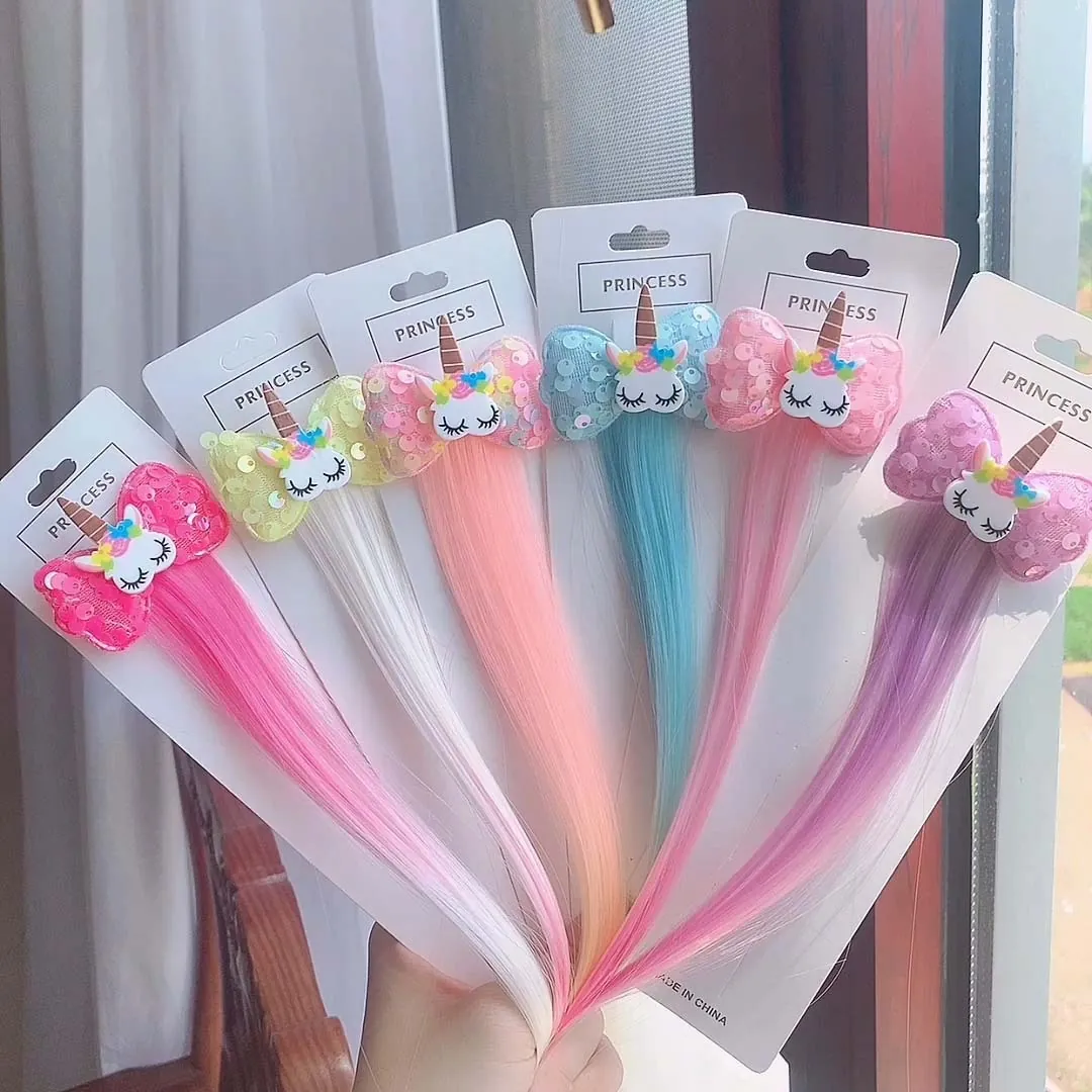 Unicorn Kids Hair Clip With Gradient Colorful Synthetic Hair Extensions Glitter Bow Princess Hair Styling Accessories
