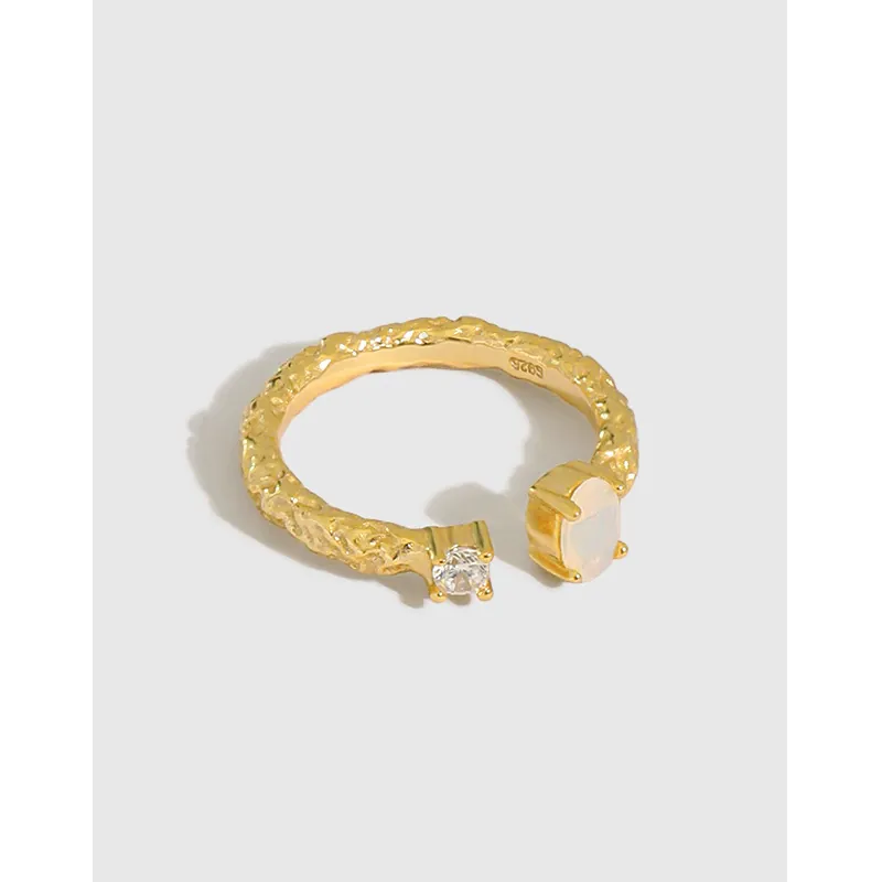 925 Sterling Silver Adjustable Open Ring With Irregular Lava Texture Opal And Zircon Inlay Minimalist Niche Style