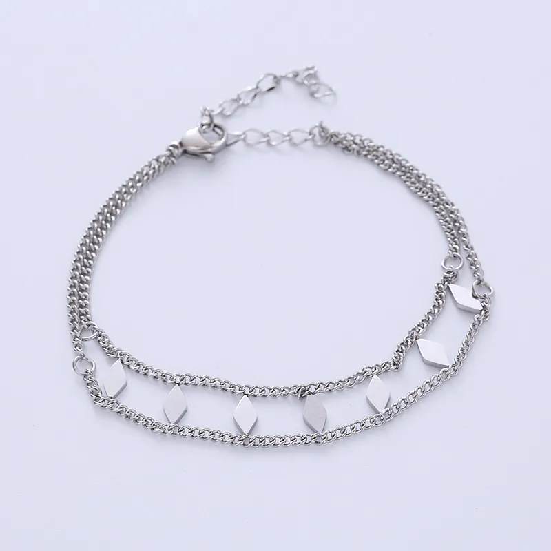 Double Layer 316L Stainless Steel Bracelet With Rhombus Geometric Charms Polished Mirror Surface Jewelry For Women