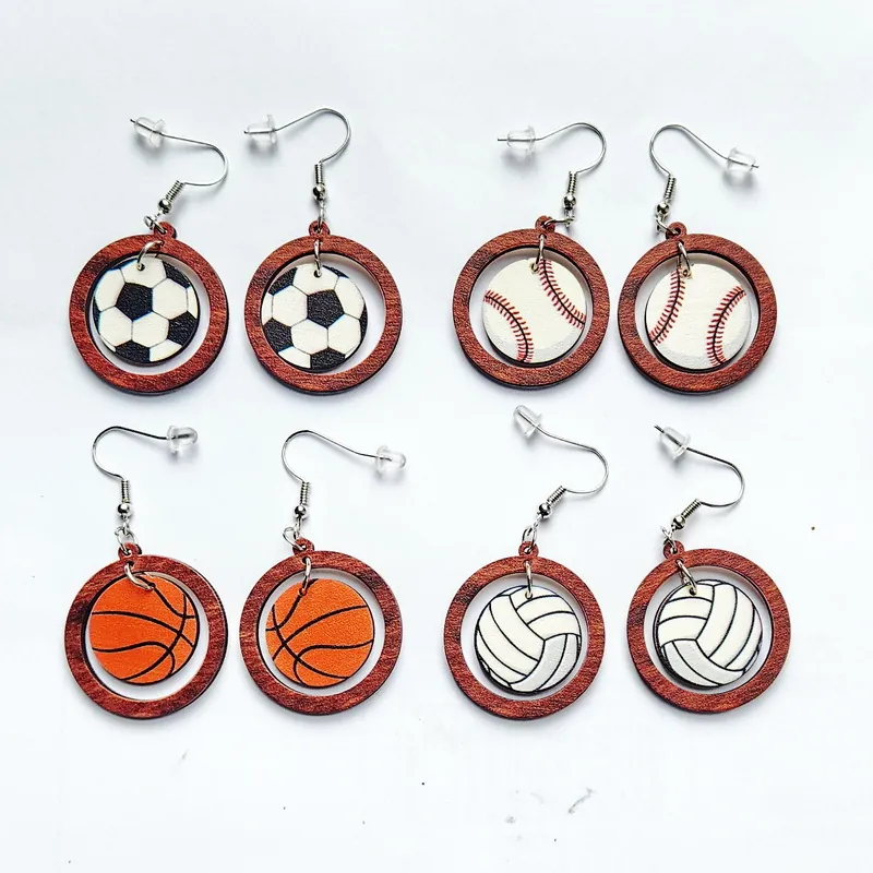 Sport Thema Holz Hänger Ohrringe Rund Fußball Basketball Baseball Volleyball Druck Mode Schmuck Für Damen