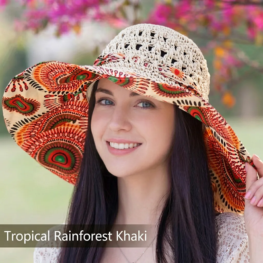 Women Wide Brim Sun Hat Bohemian Floral Printed Fabric Breathable Manual Crochet Straw Beach Travel Vacation Summer Hats