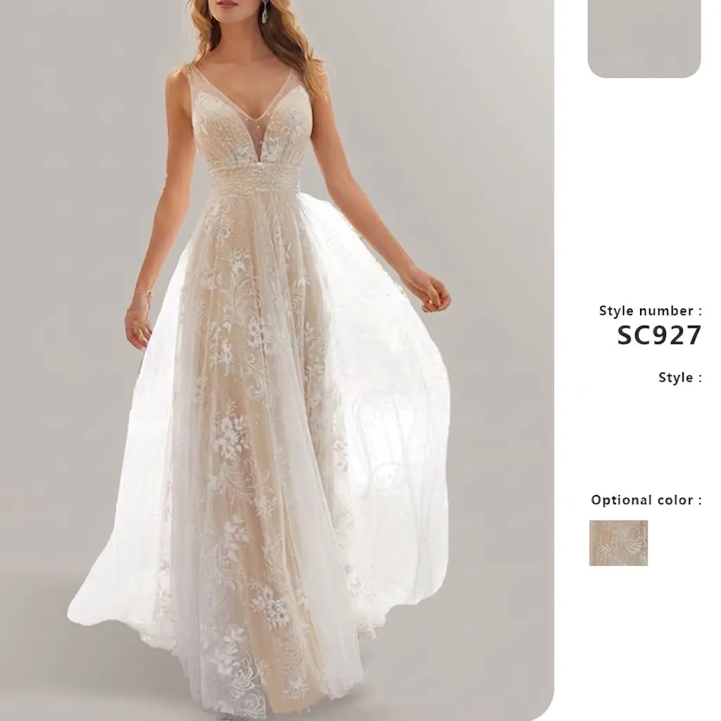 Women Sexy V Neck Sleeveless Lace Wedding Dress Elegant Floral Embroidery Long Maxi Bridal Gown For Banquet Party Wedding Gown