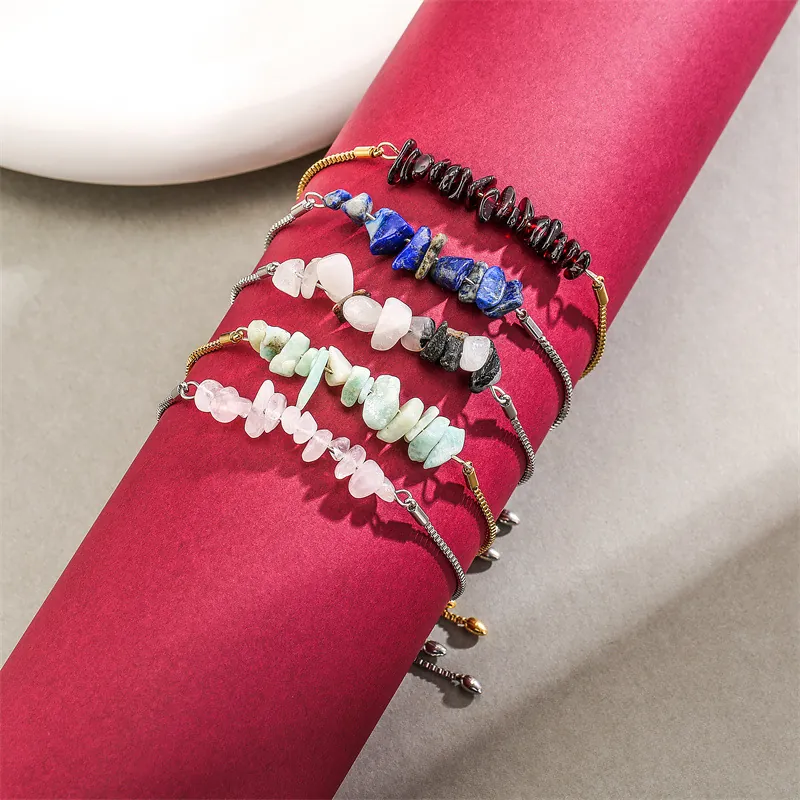 Bracelet Ajustable En Gravier De Pierre Naturelle Chaîne Box Acier Inoxydable Fermoir Coulissant Bijoux Femmes