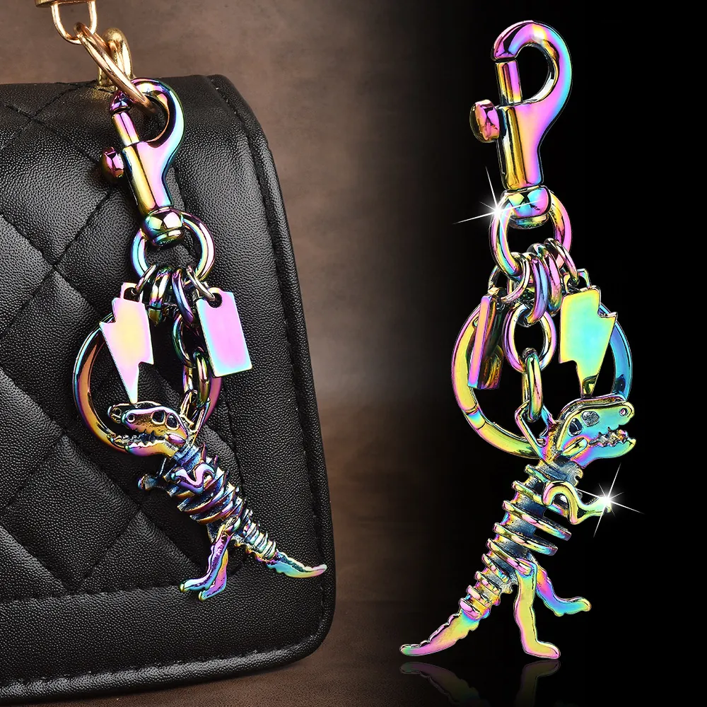 Cool Dinosaur Skeleton Keychain Alloy Rainbow Gold Silver Plated Bag Charm Creative Retro Dino Bone Key Ring For Women Men