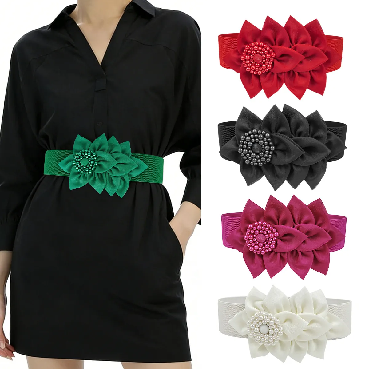 Women Wide Elastic Waist Belt Elegant Fabric Flower Decoration With Imitation Artificial Pearl Snap Closure For Dress Fashion Accessory