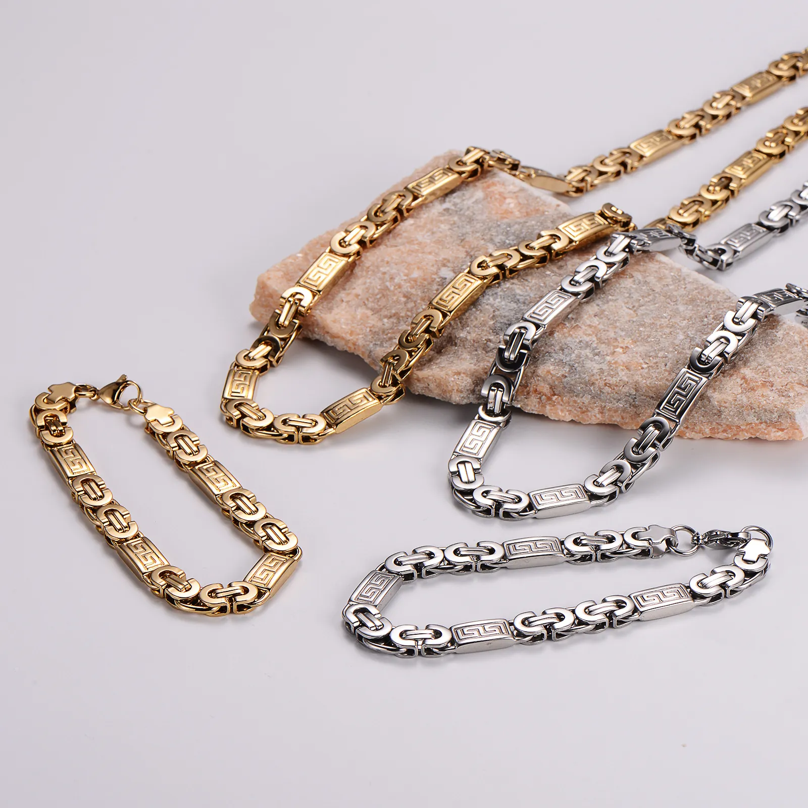 Men Byzantine Box Chain Necklace And Bracelet 316L Stainless Steel Greek Key Meander Pattern Hip Hop Jewelry