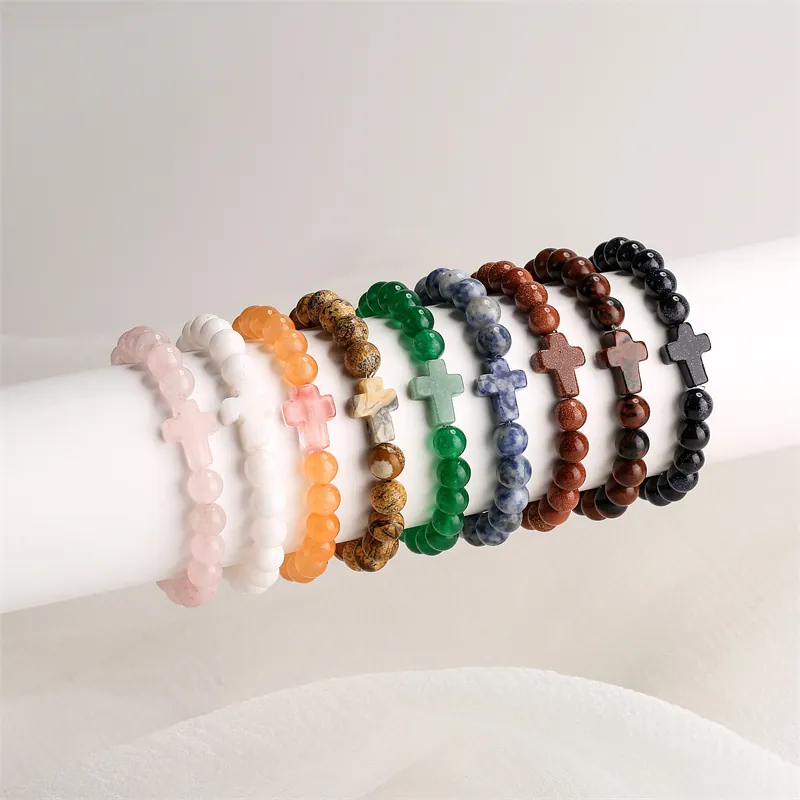 Bracelet En Perles De Pierre Naturelle Avec Pendentif Croix Pierre De Lave Agate Bijoux Religieux Ethniques Pour Hommes Femmes