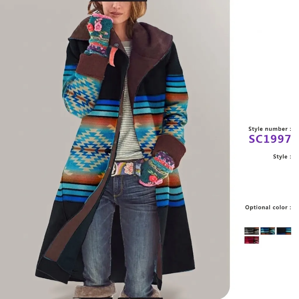 Manteau en Laine Long Imprimé Géométrique Vintage pour Femmes Veste Coupe-vent à Capuche Épaisse Hiver Manches Longues Top