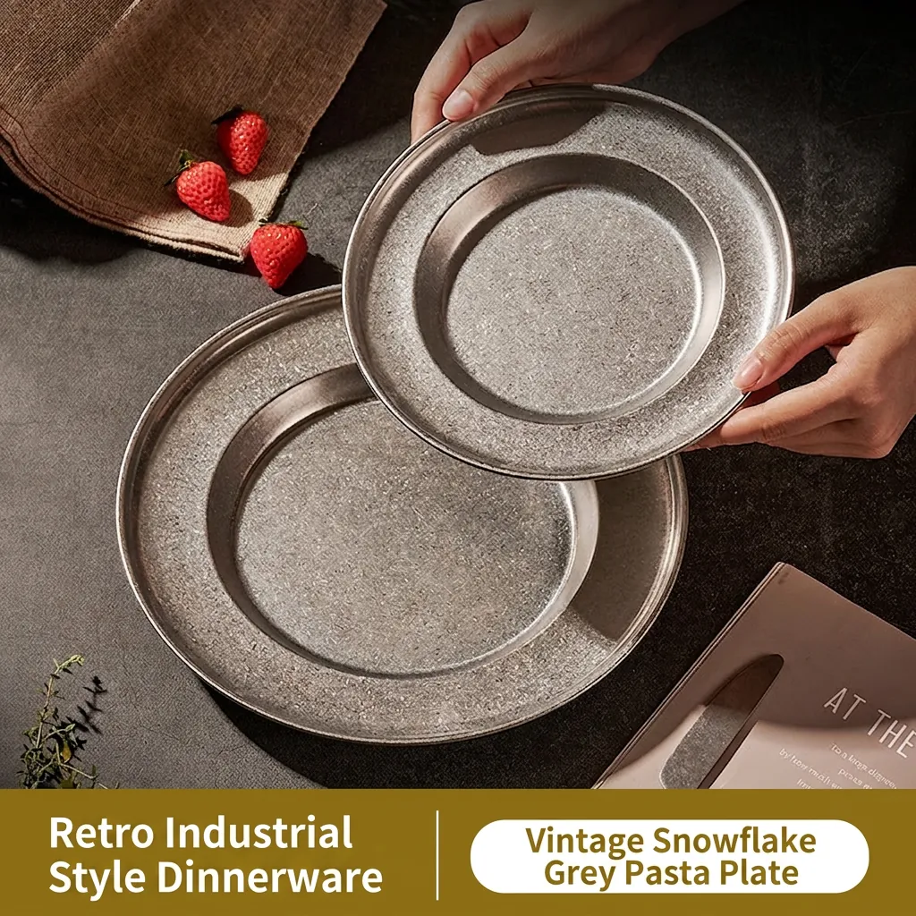 Stainless Steel Pasta Plate Deep Soup Dish Wide Rim Straw Hat Shape Vintage Industrial Style Matte Frosted Restaurant
