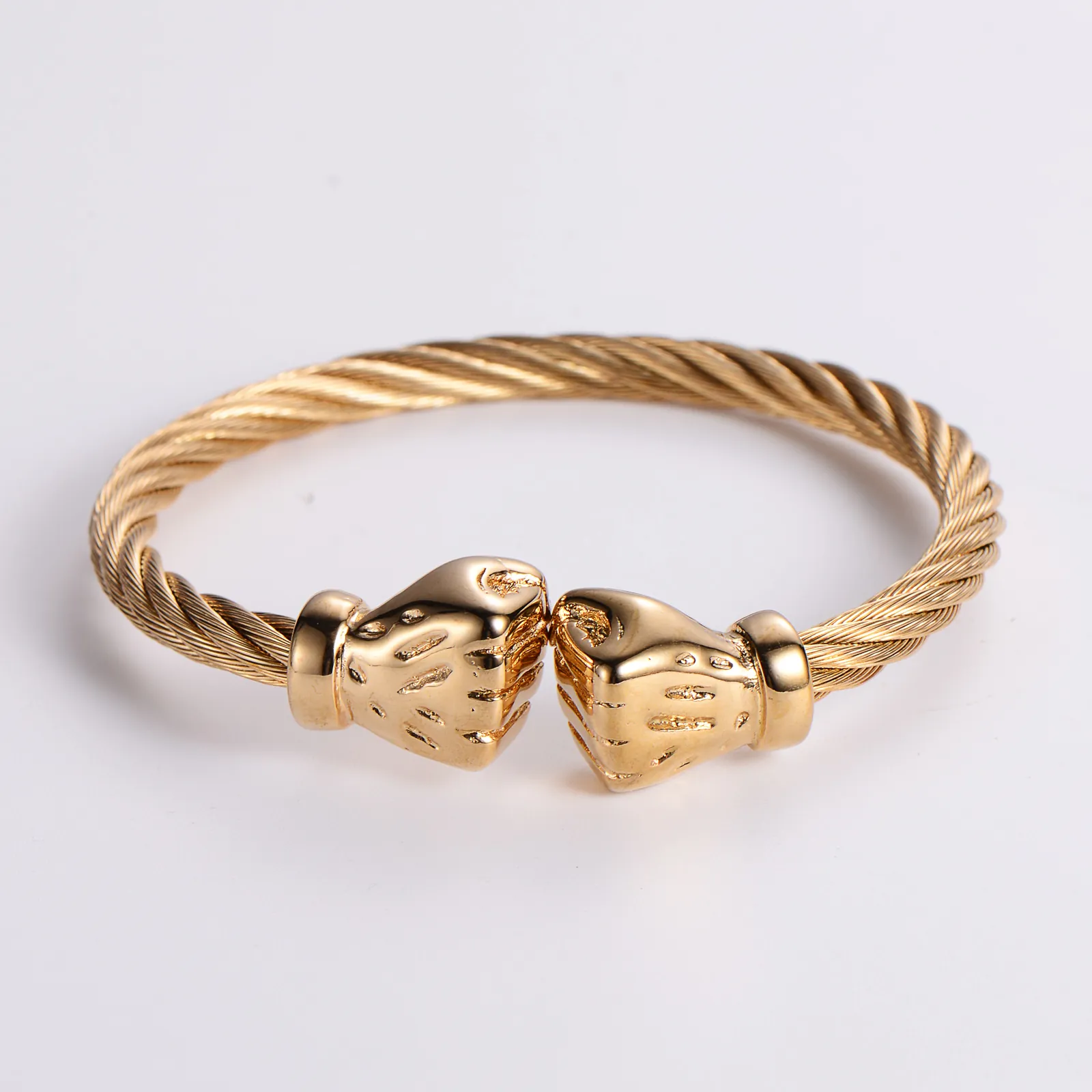 Men Stainless Steel Open Cuff Bracelet Boxing Glove Fist Twisted Cable Wire Hip Hop Punk Street Bangle Jewelry