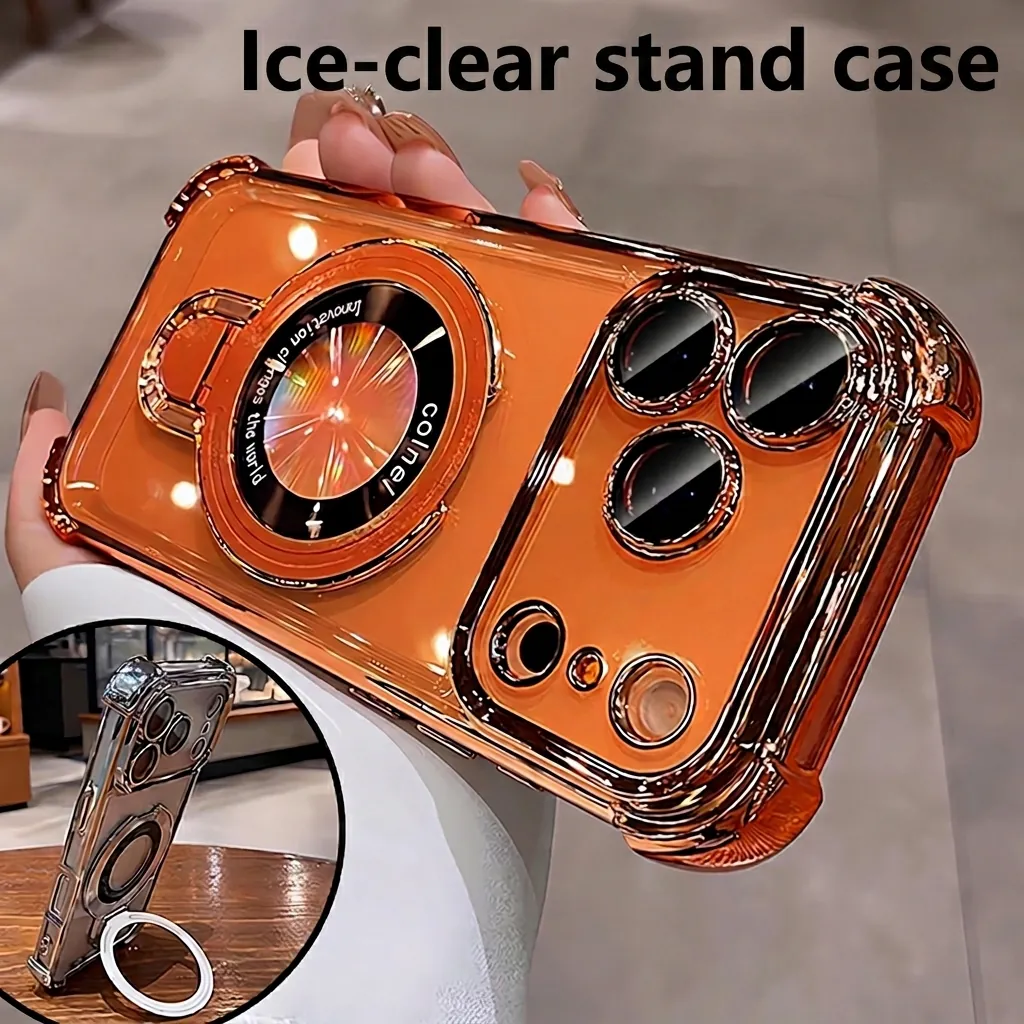 Magnetic Phone Case TPU Electroplated Transparent Shockproof With Integrated Kickstand And Lens Protection