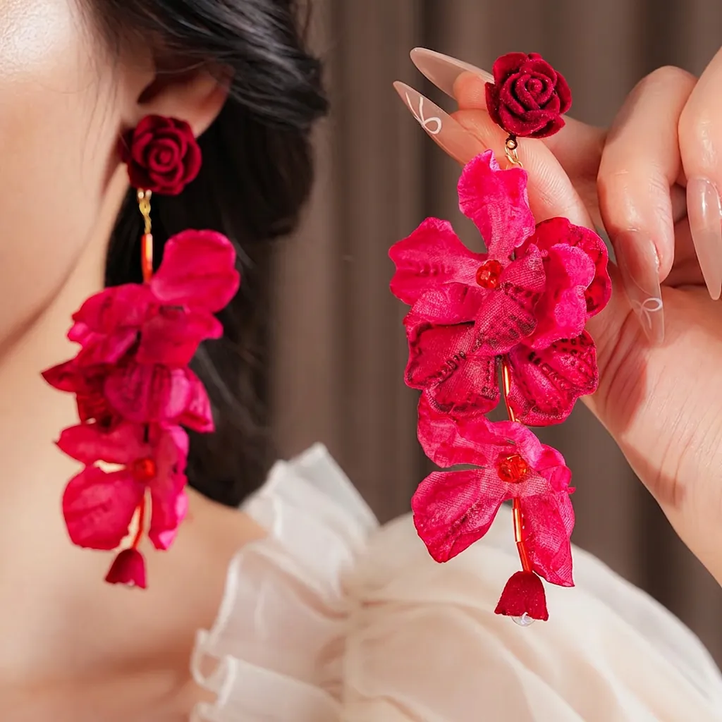 Boucles D'oreilles Longues À Pompons En Pétale De Fleur Rouge Avec Tige En Argent Rose Velours Et Künstliche Perle Bijoux Pour Femmes