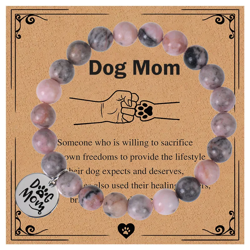 Bracelet En Perles De Pierre Naturelle Avec Charme Dog Mom En Acier Inoxydable Bijou Élastique Fait Main Cadeau Pour Amoureux Des Animaux