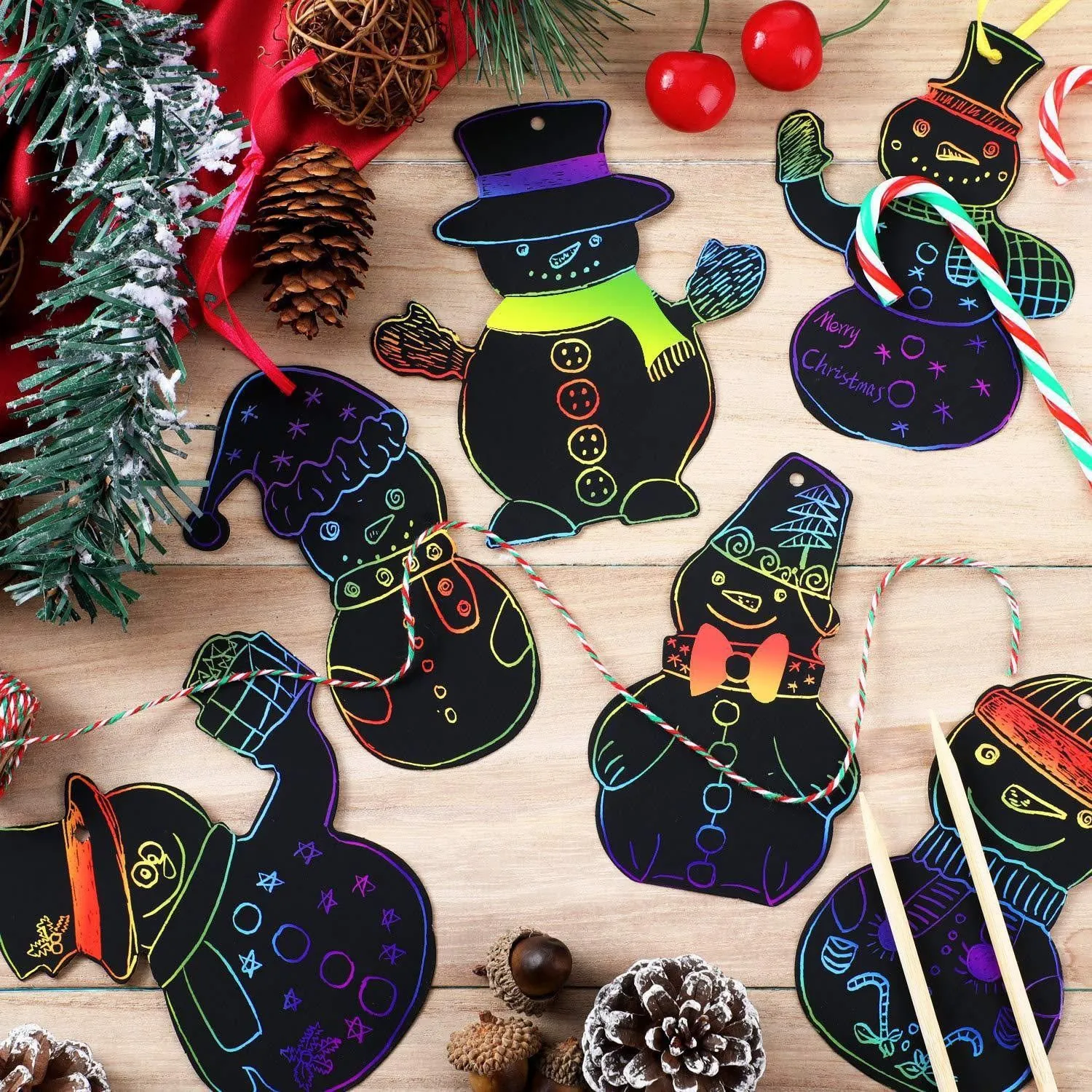 Noël Grattage Arc En Ciel Papier Enfants DIY Carton Jouets Dessin Avec Stylet Bois Rubans Décoration Fête Étiquettes