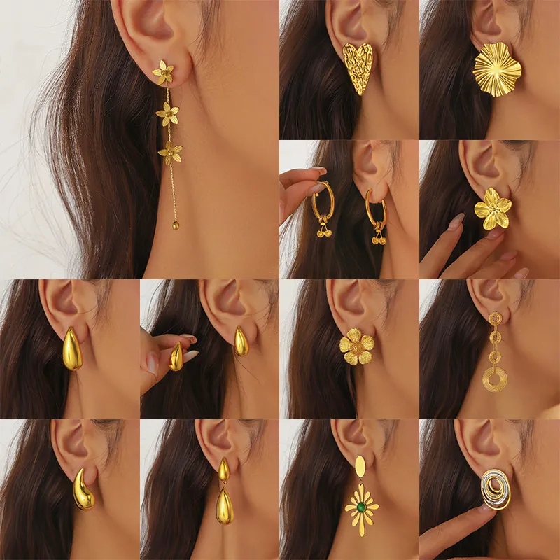Fashion Gold Plated Stainless Steel Earrings Heart Water Drop Flower Tassel Aesthetic Minimalist Jewelry For Women