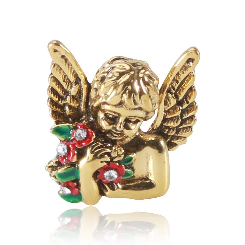 Vintage Alloy Angel Brooch Enamel Flower Rhinestone Lapel Pin For Women Clothing Coats Personalized Accessory Jewelry Gift