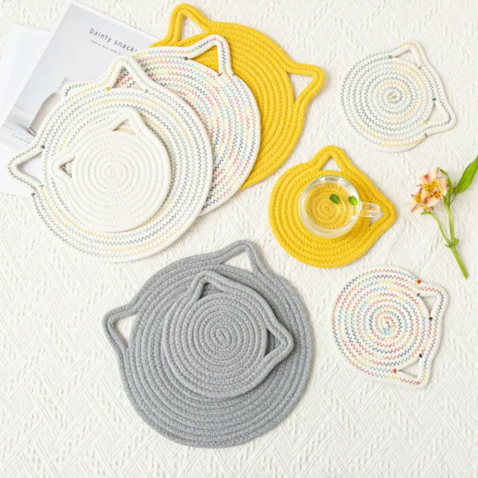 Cat Head Shape Cotton Rope Woven Placemat Heat Insulated Coaster With Ears For Kitchen Dining Table Minimalist