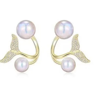 Flower Mermaid Tail Artificial Pearl Stud Earrings Copper Cubic Zirconia Encrusted Elegant Korean Style Jewelry For Women