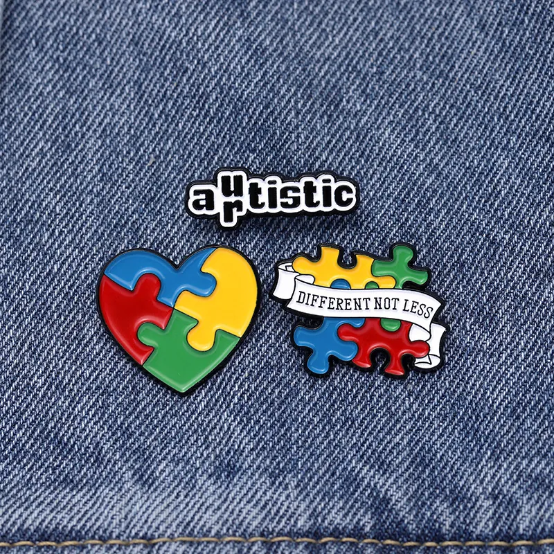 Alloy Enamel Puzzle Autism Awareness Brooch Heart Badge With Different Not Less Lettering Clothes Accessory Jewelry Gift