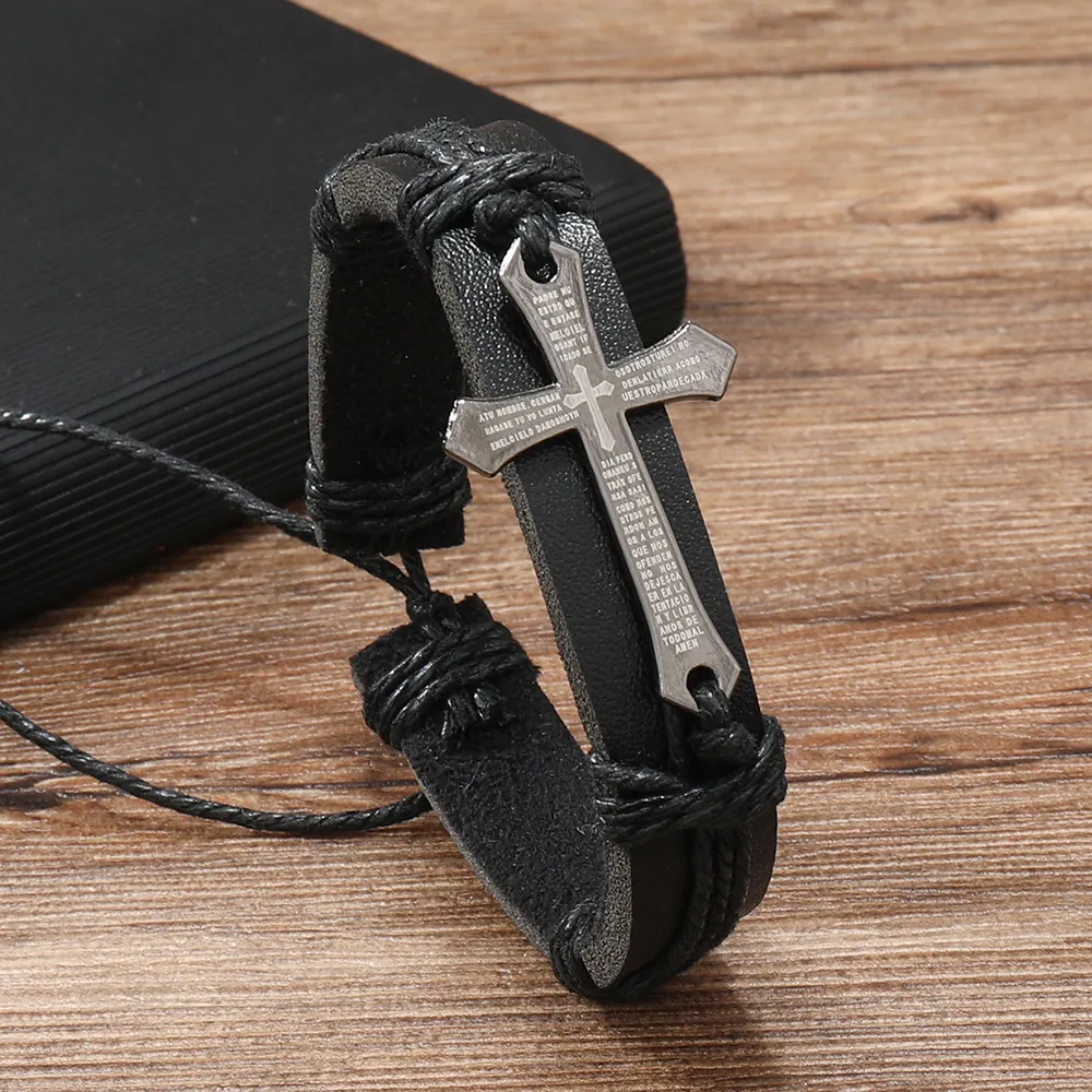 Vintage Woven Leather Bracelet With Alloy Cross Religious Spanish Prayer Adjustable Handmade Men Jewelry