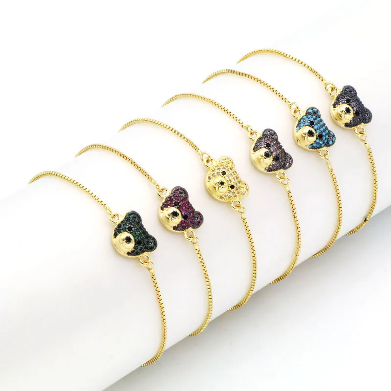 Cute Bear Head Adjustable Bolo Bracelet Copper 18K Gold Plated Colorful Cubic Zirconia Micro Pave Trendy Jewelry Women