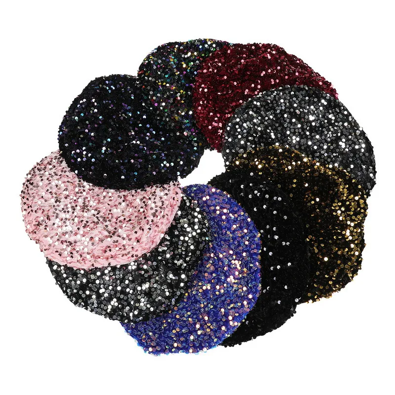 Women's Fashion Shiny Sequin Beret Hat Elegant Polyester Artist Cap Solid Color Painter Hat For Party Winter Accessories
