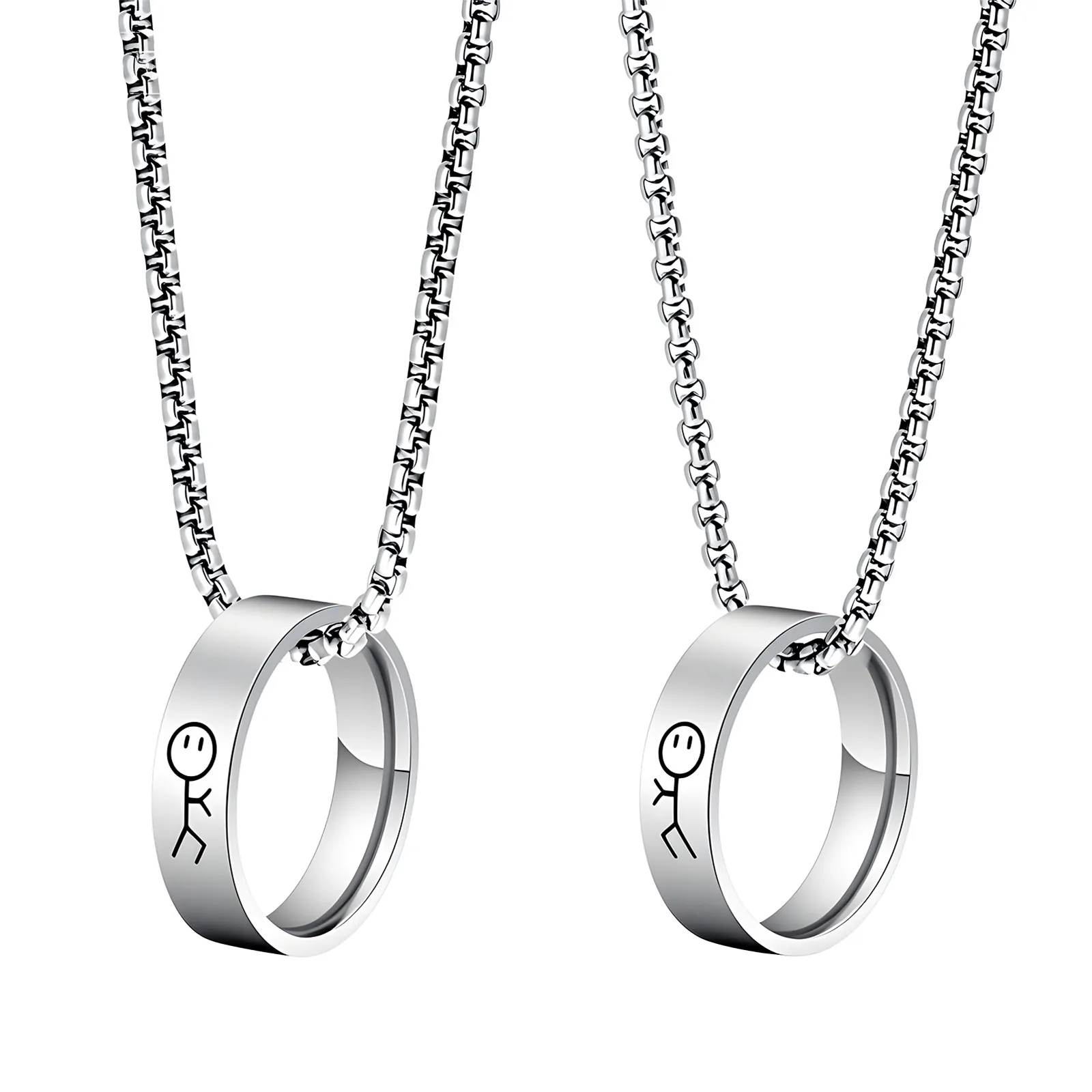 Collier Pendentif Anneau Bonhomme Allumette Acier Inoxydable Bijoux Couple Minimaliste Dessin Animé Cadeau