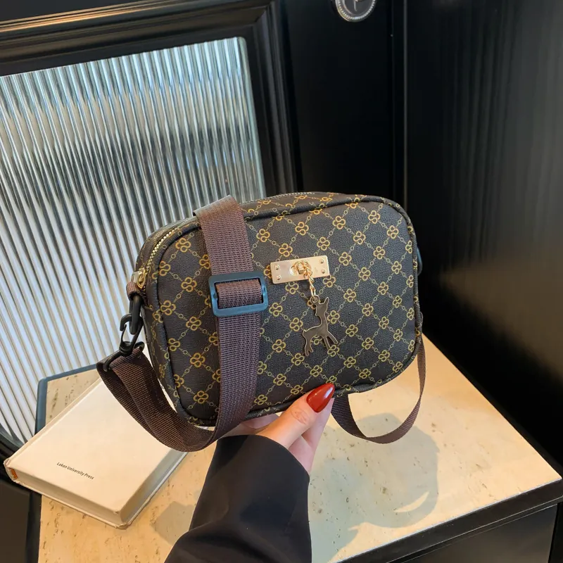 Women Crossbody Bag PU Leather Monogram Pattern Vintage Small Square Camera Bag With Gold Deer Pendant Wide Strap