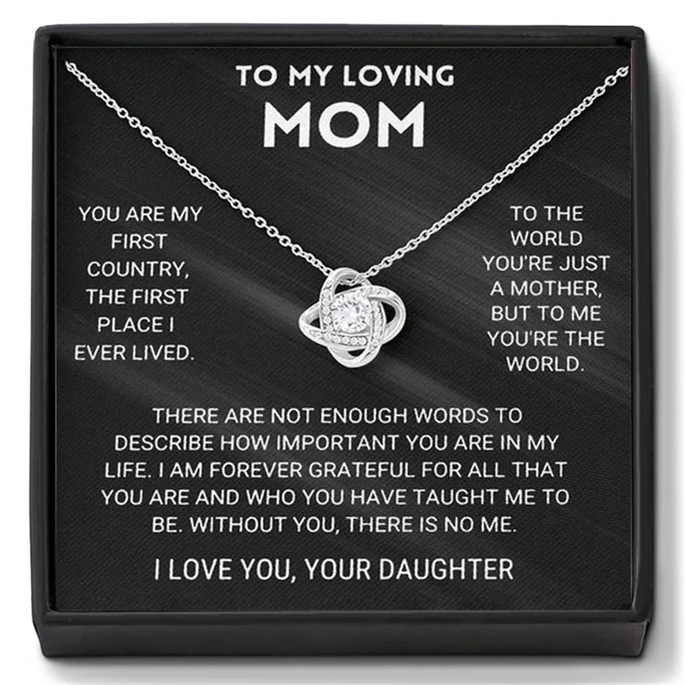 Love Knot Pendant Necklace White Gold Plated Copper Round Cubic Zirconia Jewelry Gift For Mom With Message Card Box