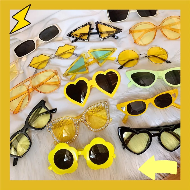 Retro Fashion Sunglasses Colorful Square Heart Shape Yellow Lens Harajuku Style UV Protection Eyewear For Women Men