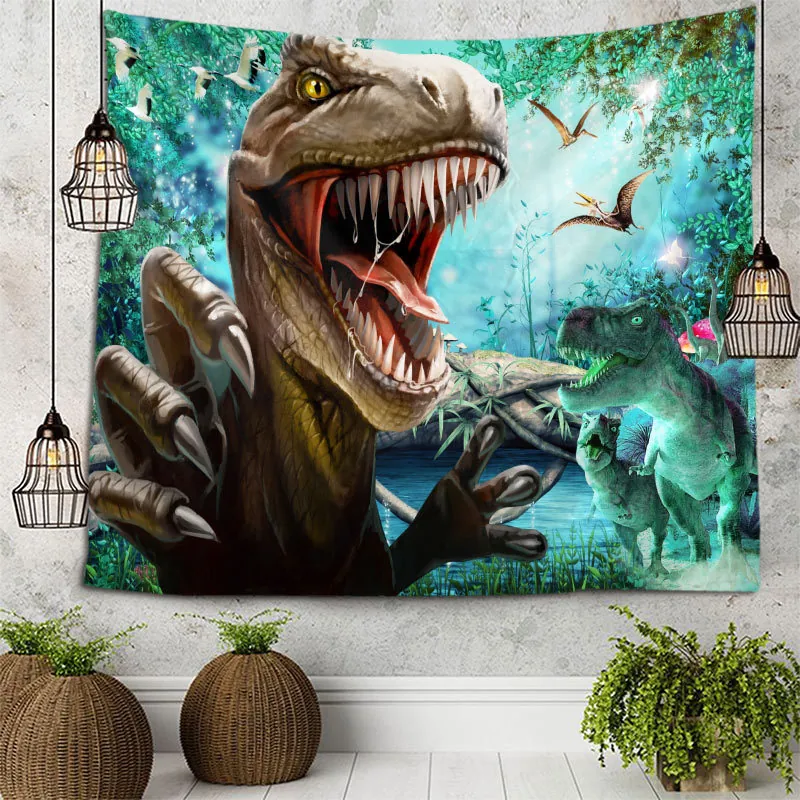 Arazzo Dinosauro Da Parete Poliestere Stampa 3D T-Rex Preistorico Sfondo Giungla Per Camera Da Letto Soggiorno Dormitorio