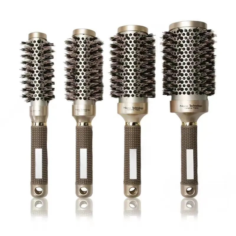 Round Hair Brush Ceramic Ionic Boar Bristle Nylon Pins Nano Technology Thermal Styling Barrel Comb Anti Slip Handle